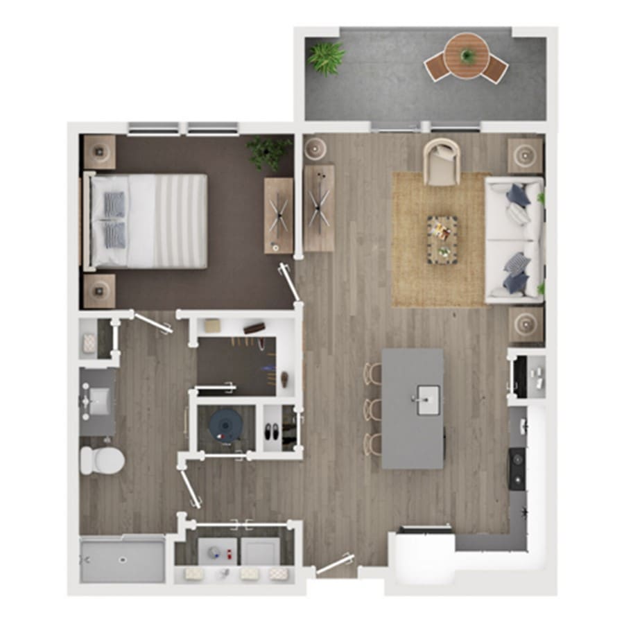 Floor plan of The Alto: one bedroom and one bathroom with an open living and kitchen area, kitchen island, walk-in shower, in-unit laundry and a balcony