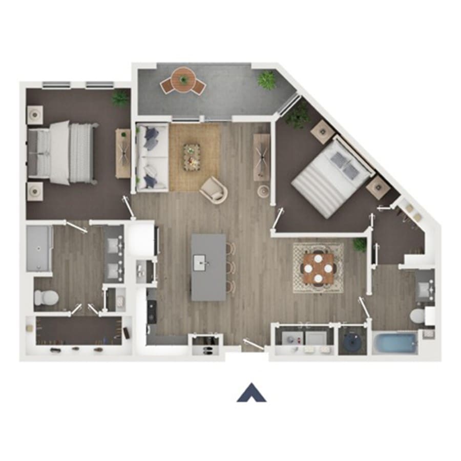 Floor plan of The Cypress: two bedrooms at opposite ends of the home, a walk-in shower bath on one side and a tub in the primary, around a central open living, dining and kitchen area with an island, plus in-unit laundry and an angled balcony