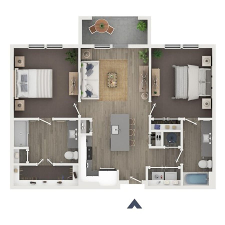 Floor plan of The Napa: two bedrooms at opposite ends of the home, each with its own bathroom, around a central open living, dining and kitchen area with an island, plus in-unit laundry and a balcony