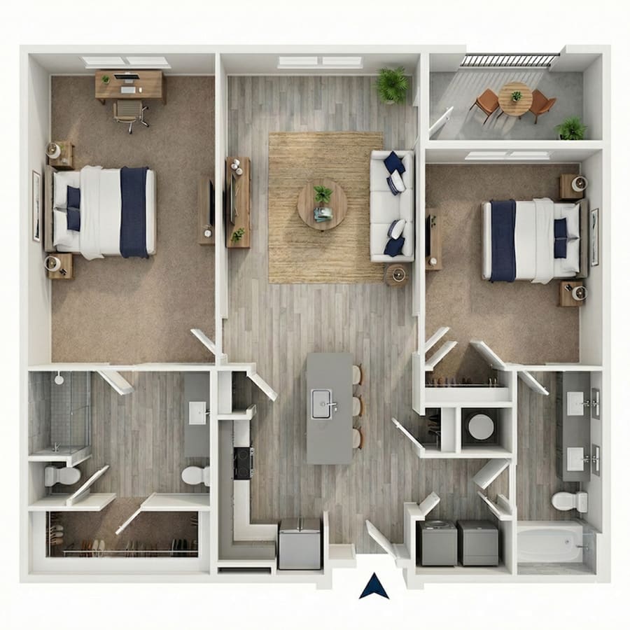Floor plan of The Napa Grand: two bedrooms, a walk-in shower and large closet on one side and a tub in the primary, around a central open living, dining and kitchen area with an island, plus in-unit laundry and a balcony