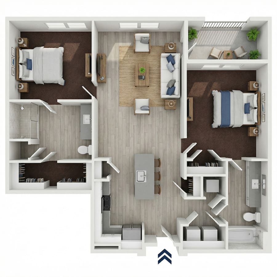 Floor plan of The Napa Reserve: two bedrooms, a walk-in shower and large closet on one side and a tub in the primary, around a central open living, dining and kitchen area with an island, plus in-unit laundry and a balcony