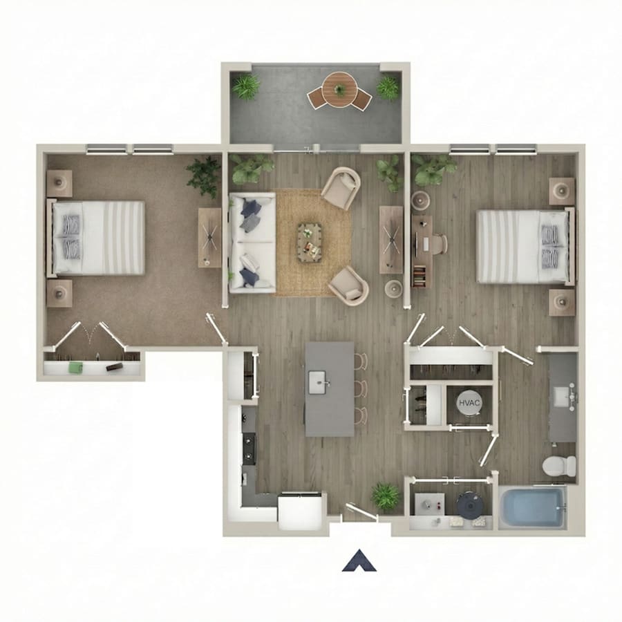 Floor plan of The Napa Retreat: two bedrooms and a single bathroom with a tub, around a central open living, dining and kitchen area with an island, plus a balcony