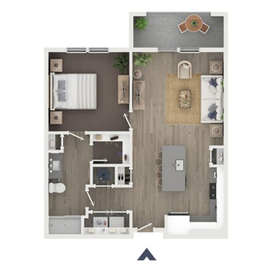 Floor plan of The Sierra: one bedroom and one bathroom with an open living and kitchen area, kitchen island, walk-in shower, in-unit laundry and a balcony