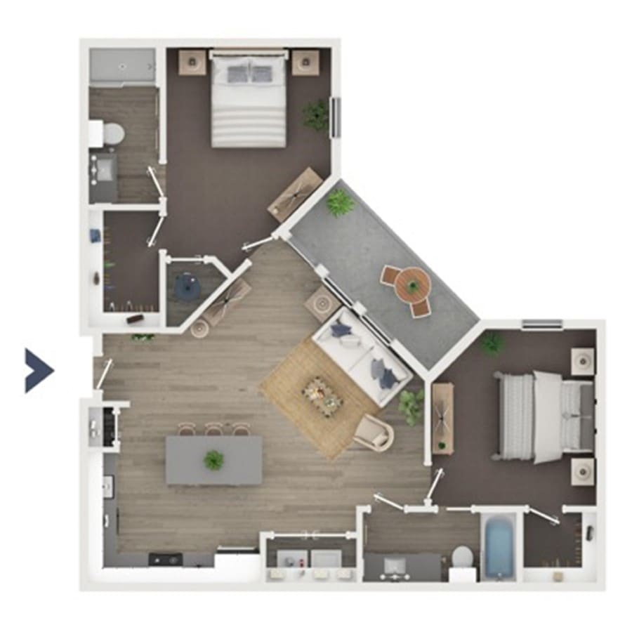 Floor plan of The Tisbury: two bedrooms, a walk-in shower bath on the guest side and a tub in the primary, around an open living, dining and kitchen area, plus a balcony