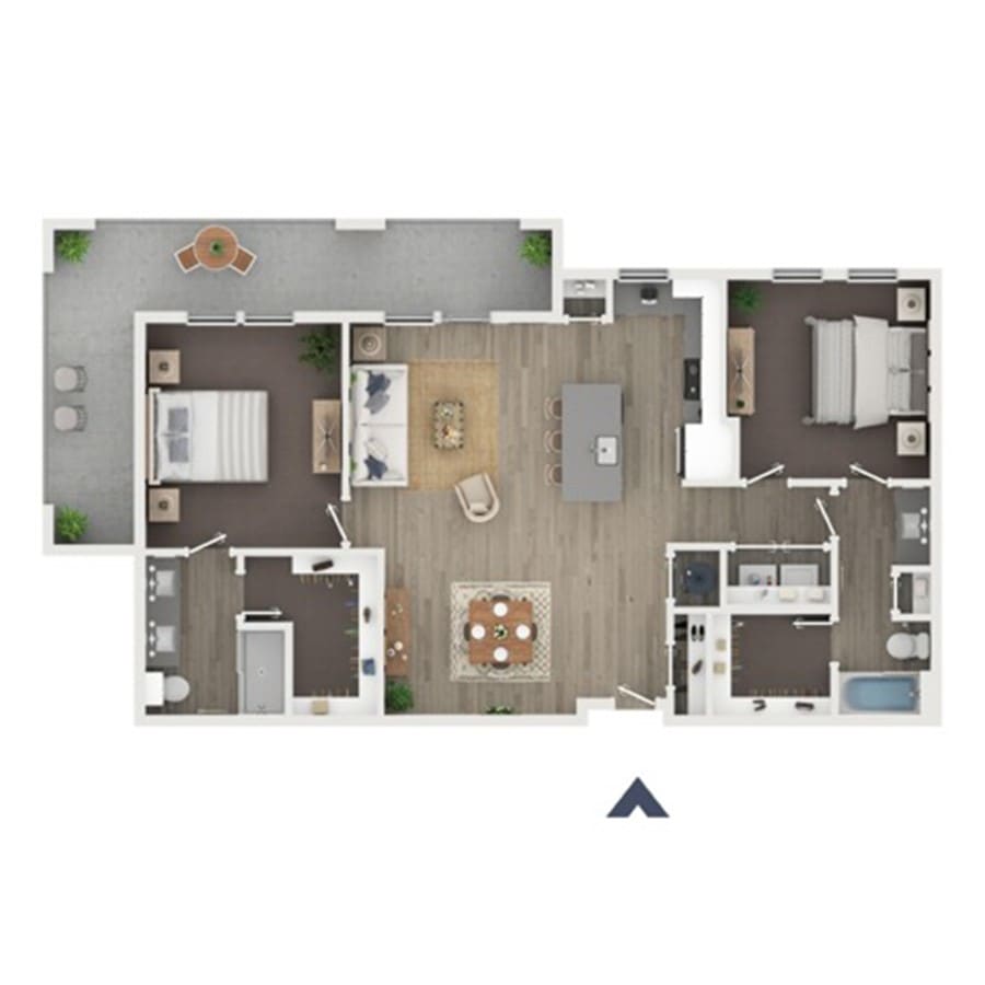 Floor plan of The Ventura: two bedrooms at opposite ends of the home, each with its own bathroom and walk-in closet, around a central open living, dining and kitchen area with an island, plus in-unit laundry and a large wraparound balcony