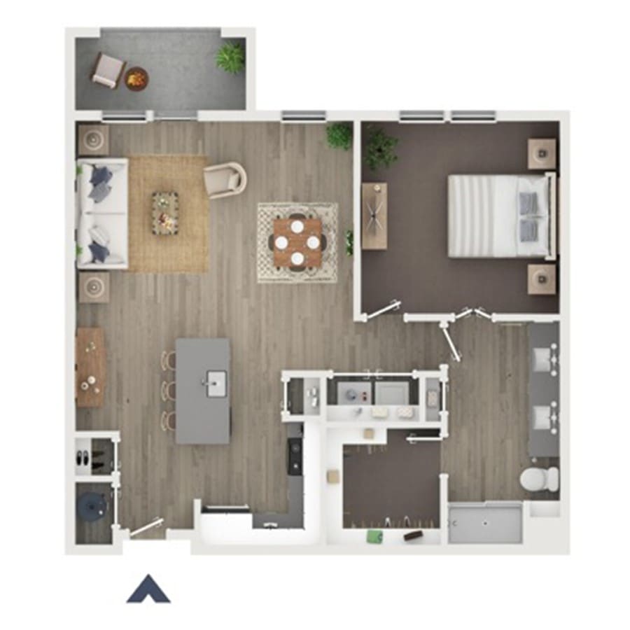 Floor plan of The Willow: one bedroom and one bathroom with an open living, dining and kitchen area, kitchen island, double vanity, walk-in shower, walk-in closet, in-unit laundry and a balcony